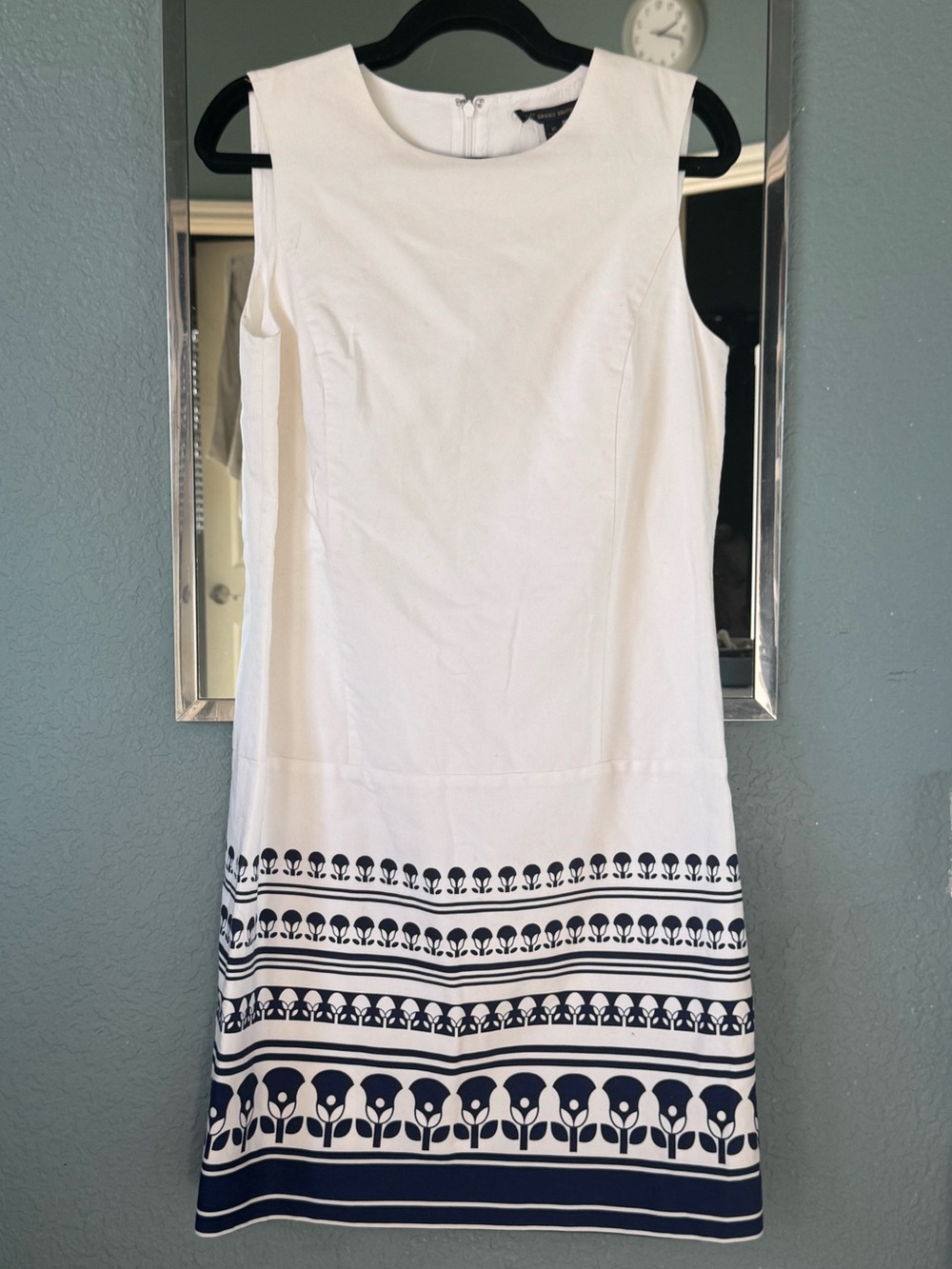Brooks Brothers White Sleeveless Midi Dress with Navy Border Print Size 10